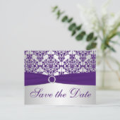 Silver and Purple Damask Save the Date Card (Standing Front)
