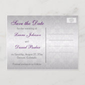 Silver and Purple Damask Save the Date Card (Back)