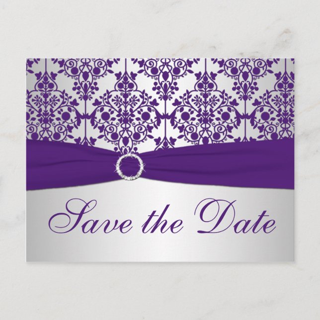 Silver and Purple Damask Save the Date Card (Front)