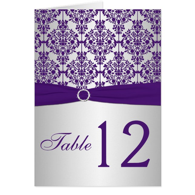 Silver and Purple Damask Table Number Card (Front)