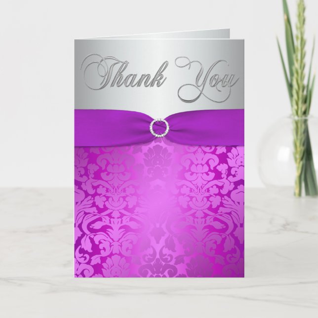 Silver and Purple Damask Thank You Card (Front)