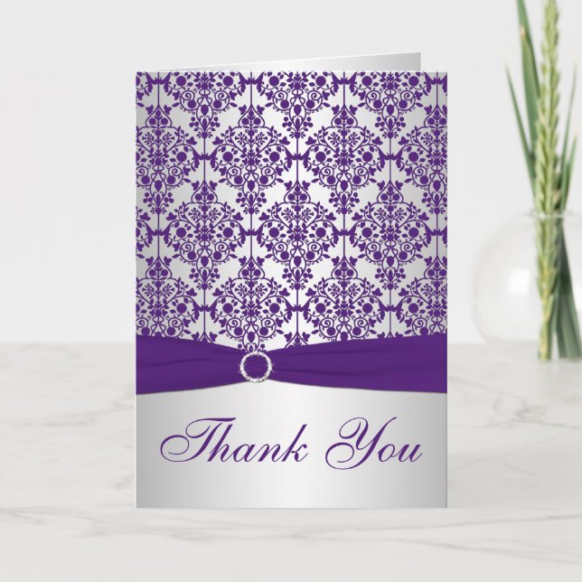 Silver and Purple Damask Thank You Card (Front)