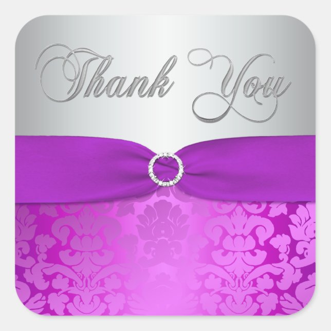 Silver and Purple Damask Thank You Sticker (Front)