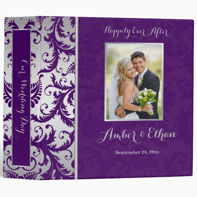 Silver and Purple Damask Wedding Binder/Album 3 Ring Binder (Front/Spine)