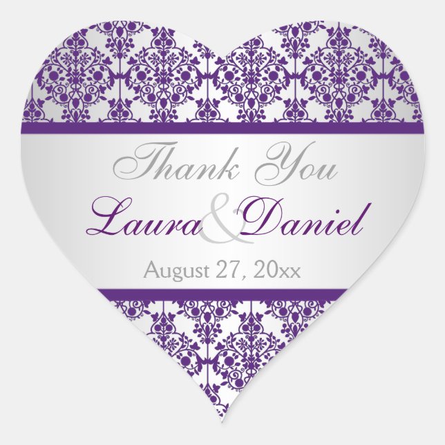 Silver and Purple Damask Wedding Favor Sticker (Front)