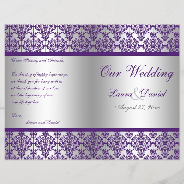 Silver and Purple Damask Wedding Program (Front)