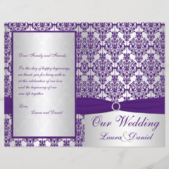 Silver and Purple Damask Wedding Program II (Front)