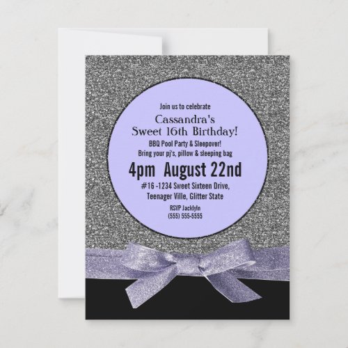 Silver and Purple Faux Glitter Girly Party Announcements