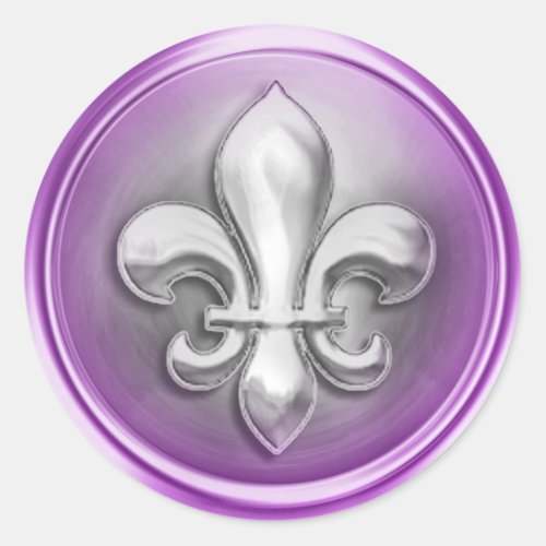 Silver and Purple Fleur de Lis Embossed Look Classic Round Sticker