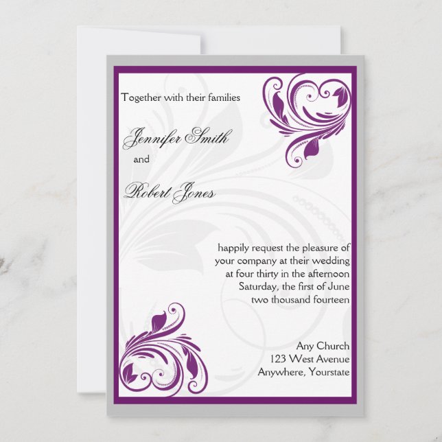 Silver and Purple Floral Heart Wedding Invitation (Front)