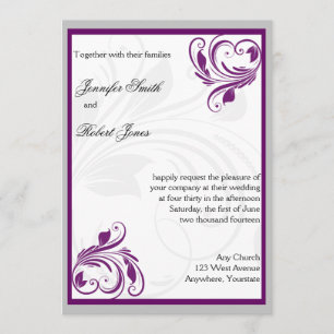 Silver and Purple Floral Heart Wedding Invitation