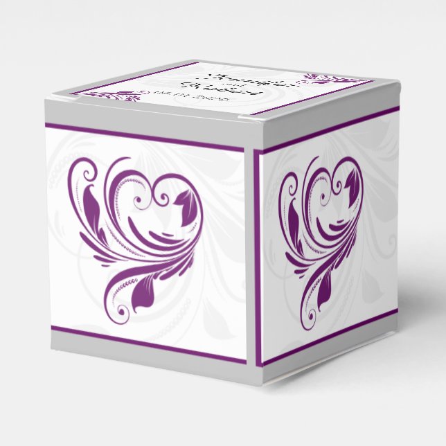 Silver and Purple Floral Scroll Wedding Favor Box (Front Side)