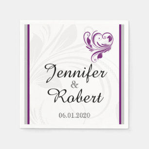 Silver and Purple Floral Scroll Wedding Napkin