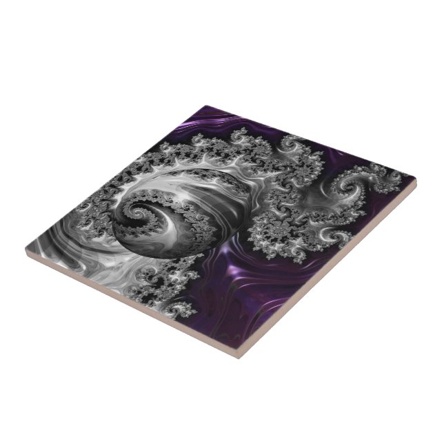 Silver and Purple Fractal Vortex Ceramic Tile (Side)