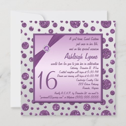 Silver and Purple Glitter Polka Dot Sweet Sixteen Custom Announcements