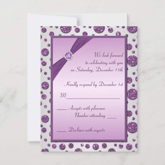 Silver and Purple Glitter Polka Dots Reply Card (Front)