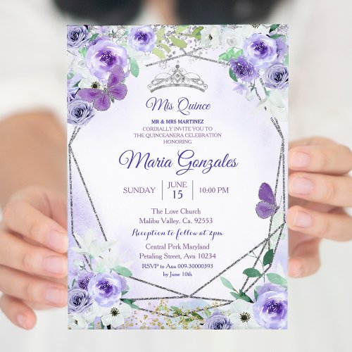 Silver and Purple Mis Quince Birthday Invite