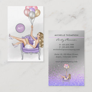 Silver and Purple Monogram Balloon Party Girl Business Card