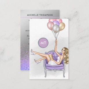 Silver and Purple Monogram Balloon Party Girl Business Card