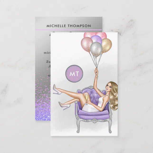 Silver and Purple Monogram Balloon Party Girl Business Card | Zazzle