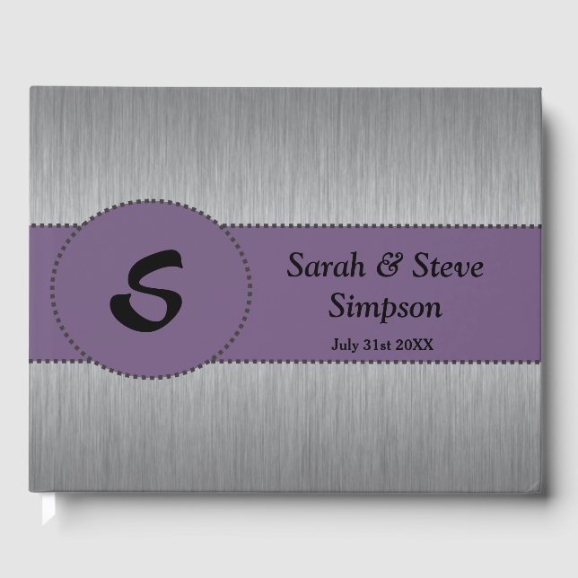 Silver and Purple Monogram Wedding Guestbook (Front)
