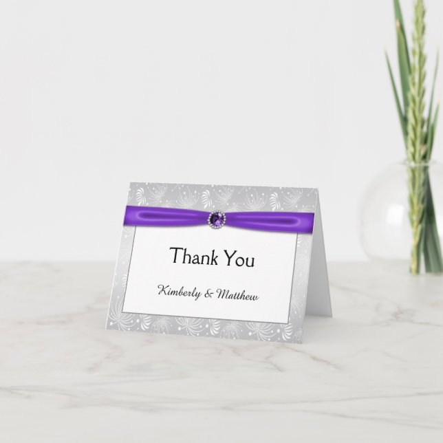 Silver and Purple Ribbon Gemstones Thank You Card (Front)