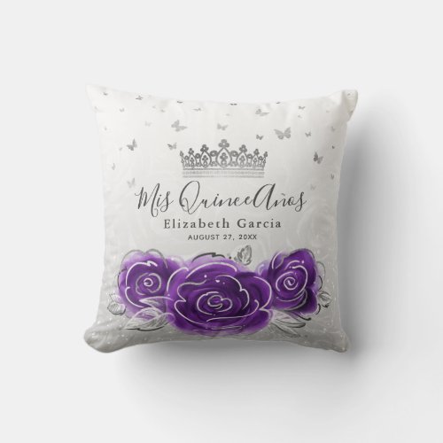 Silver and Purple Rose Quinceanera Mis Quince Anos Throw Pillow