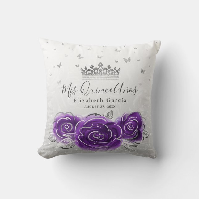 Silver and Purple Rose Quinceanera Mis Quince Anos Throw Pillow (Front)