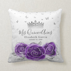 Silver and Purple Rose Quinceanera Mis Quince Anos Throw Pillow
