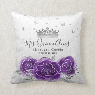 Silver and Purple Rose Quinceanera Mis Quince Anos Throw Pillow