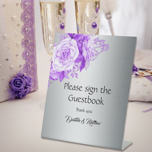 Silver and Purple Roses Wedding Reception  Pedestal Sign