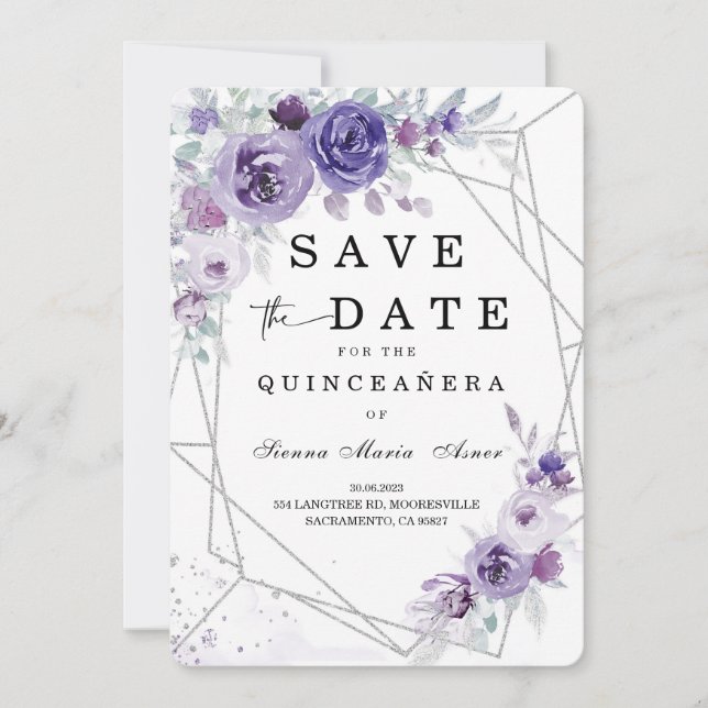 Silver and Purple  Save the Date Quinceañera Invitation (Front)