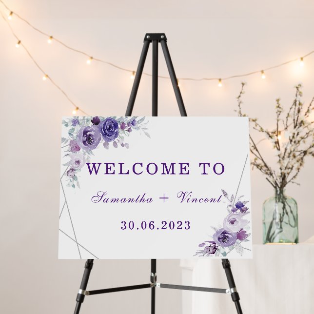 Silver and Purple Wedding Welcome sign (In Situ (Stand))
