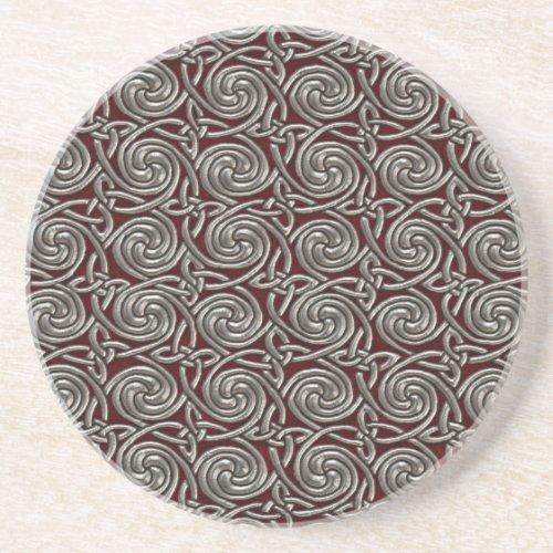Silver And Red Celtic Spiral Knots Pattern Sandstone Coaster
