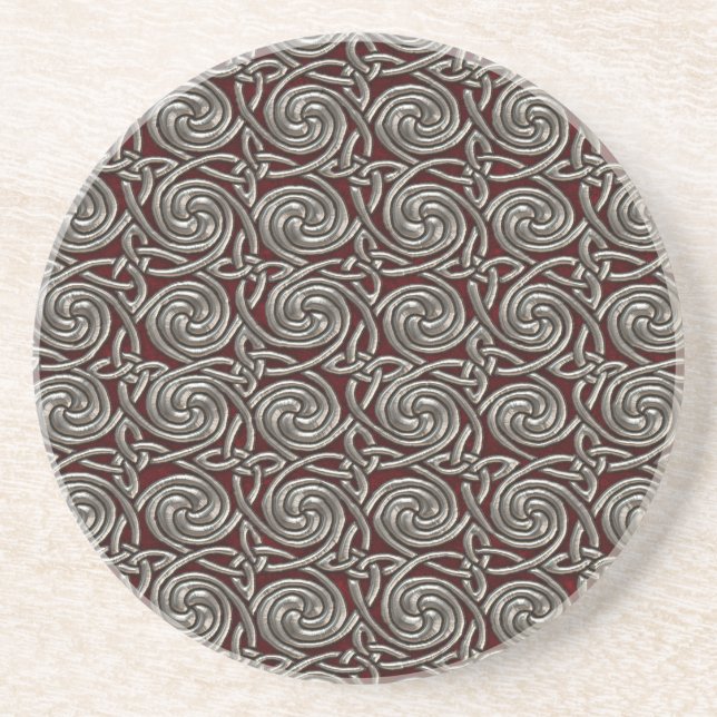 Silver And Red Celtic Spiral Knots Pattern Sandstone Coaster (Front)