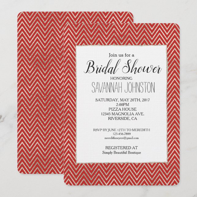 Silver and Red Chevron Stripes Bridal Shower Invitation (Front/Back)
