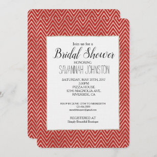 Silver and Red Chevron Stripes Bridal Shower Invitation