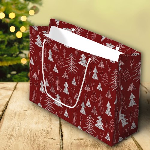 Silver and Red Christmas Tree Forest Pattern Large Gift Bag