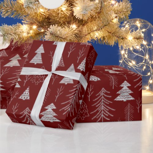 Silver and Red Christmas Tree Forest Pattern Wrapping Paper