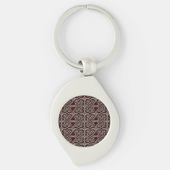 Silver And Red Connected Ovals Celtic Pattern Keychain (Front)
