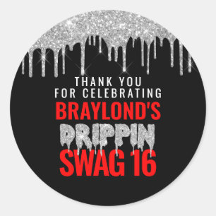Silver and Red Drippin Swag 16 Birthday Classic Round Sticker