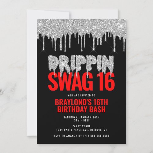 Silver and Red Drippin Swag 16 Birthday  Invitation