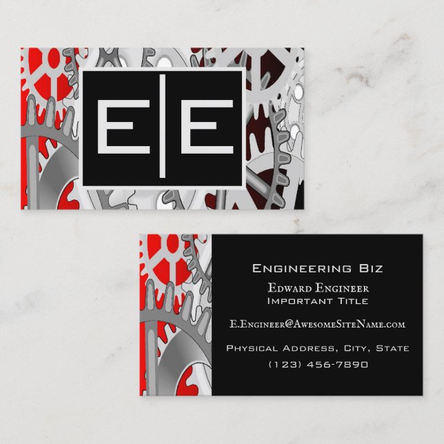 Silver and Red Engineering Gears Business Card (Front/Back)
