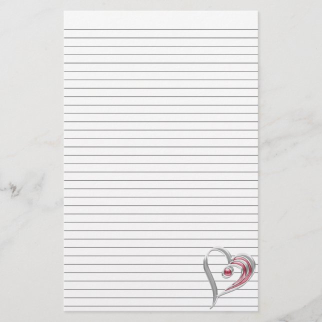 Silver and Red Heart Stationery w/ optional lines (Front)