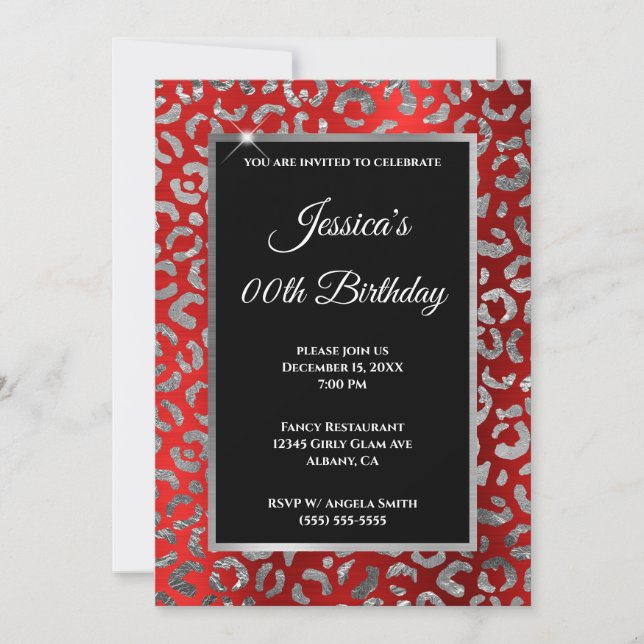 Silver and Red Leopard Foil Birthday Invitation (Front)
