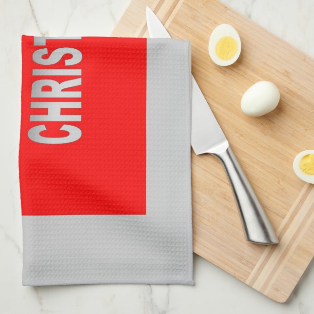 Silver And Red Merry Christmas Kitchen Towel (Quarter Fold)