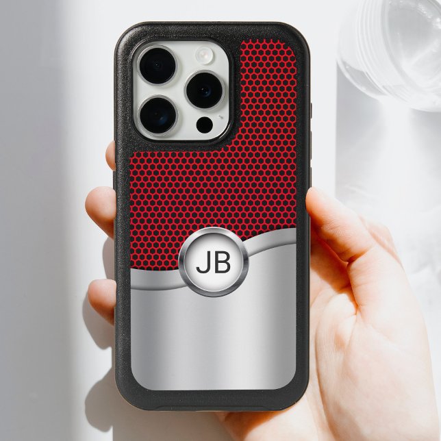 Silver and Red Metallic Pattern with Monogram iPhone 15 Pro Case (Personalize with your monogram initials.)