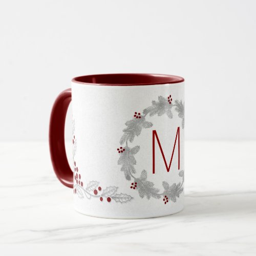 Silver and Red Pine Holly Monogrammed Christmas Mug