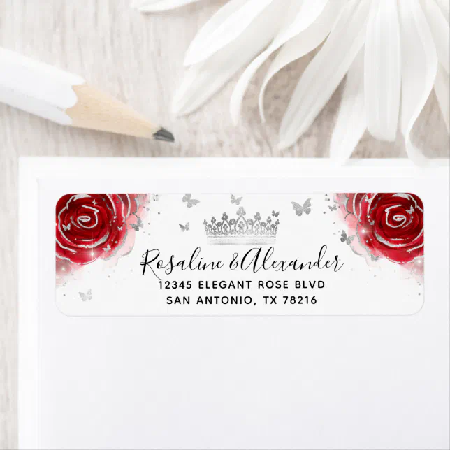 Silver and Red Rose Elegant Crown Return Address Label | Zazzle