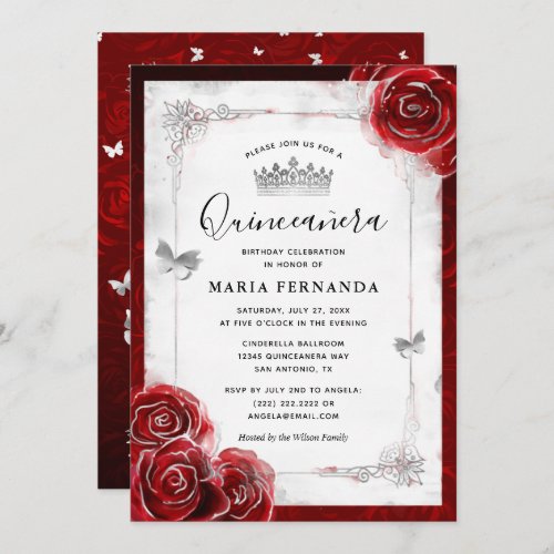 Silver and Red Rose Elegant Quinceanera Invitation
